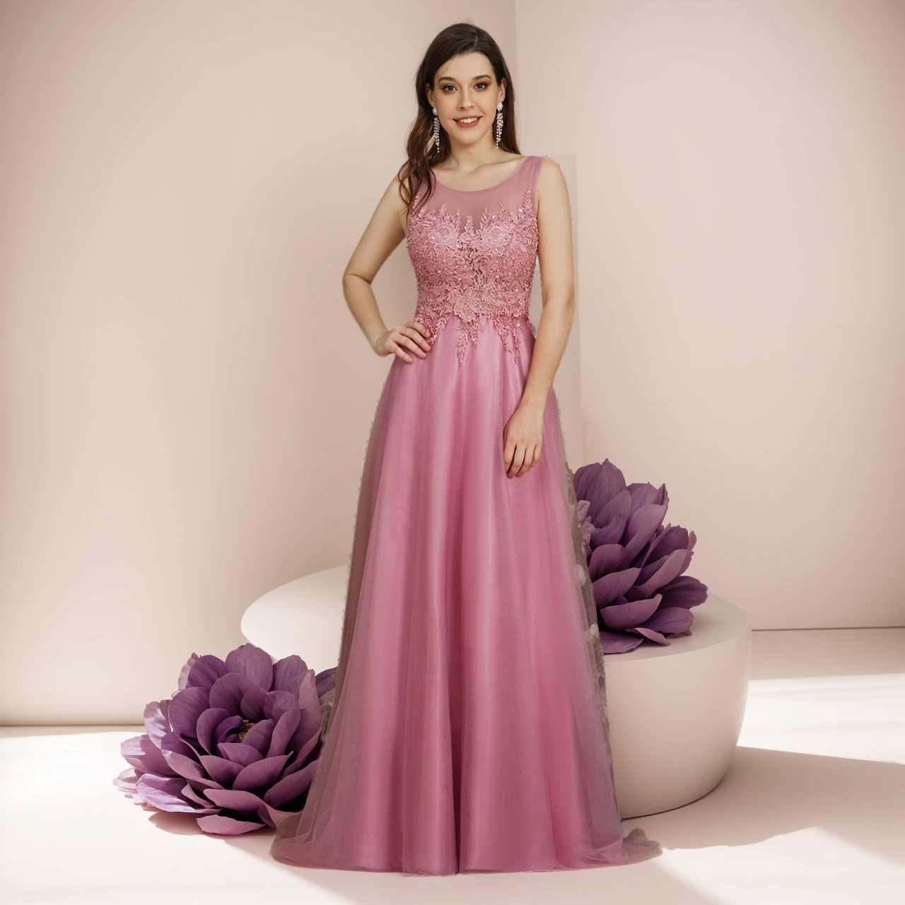 

BABYONLINE Dusty Rose Bridesmaid Dress with Lace Bodice, Flowy Tulle A-Line Formal Occasions Wedding Party Gown for Women