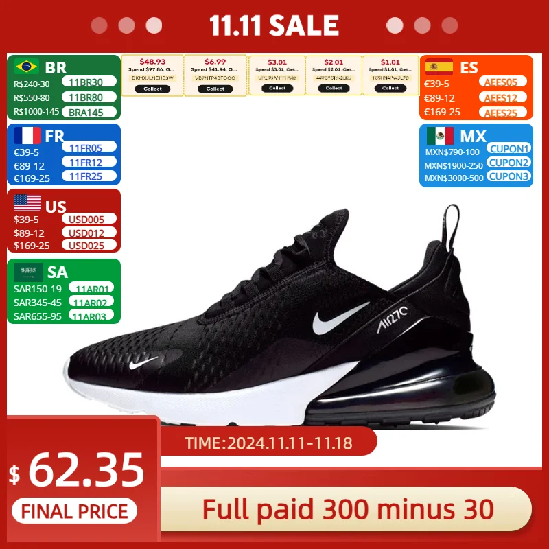 Nike New Air Max 270 Low Men's and Women's Sneakers Trendy Fashion Casual Shoes Comfortable and wearable Sneakers glossy black