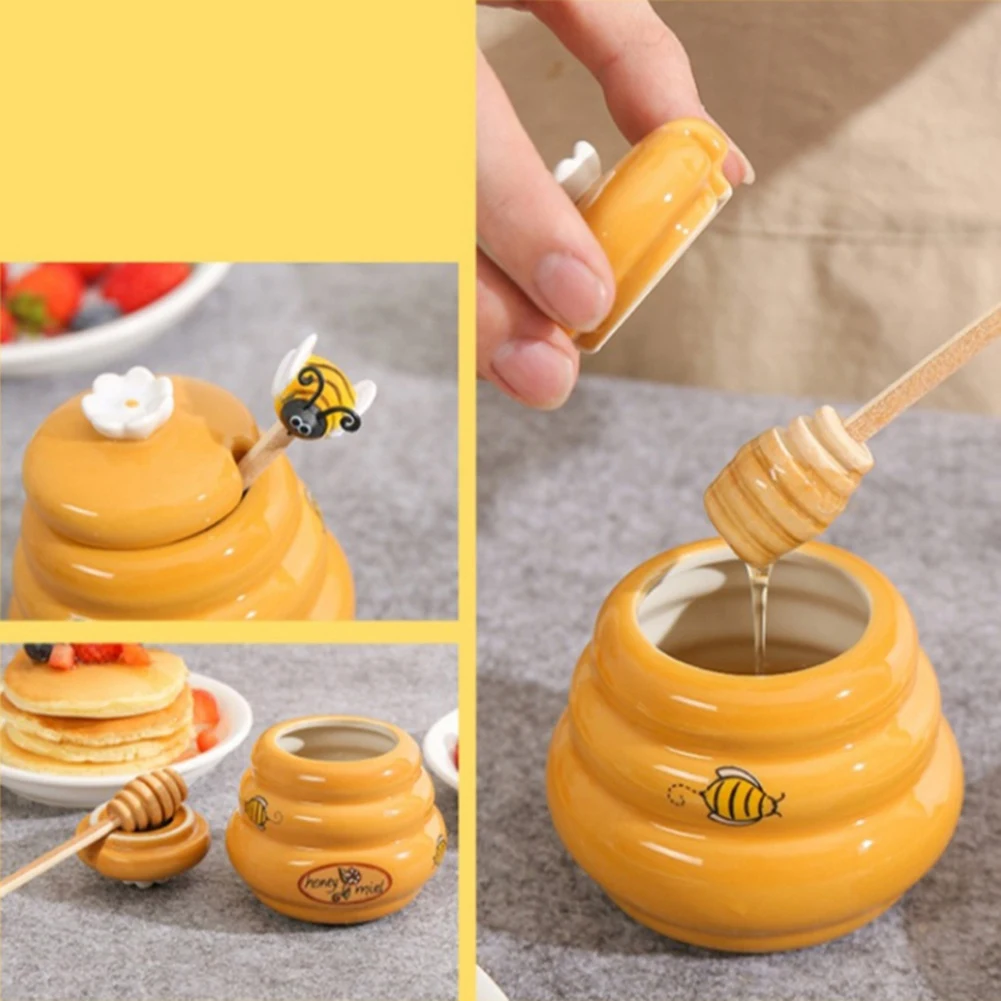 A88M وعاء عسل خلية النحل السيراميكي وعاء عسل قحافة خشبية مع غطاء شريط تحريك العسل لبرط العسل لوازم اكسسوارات المطبخ