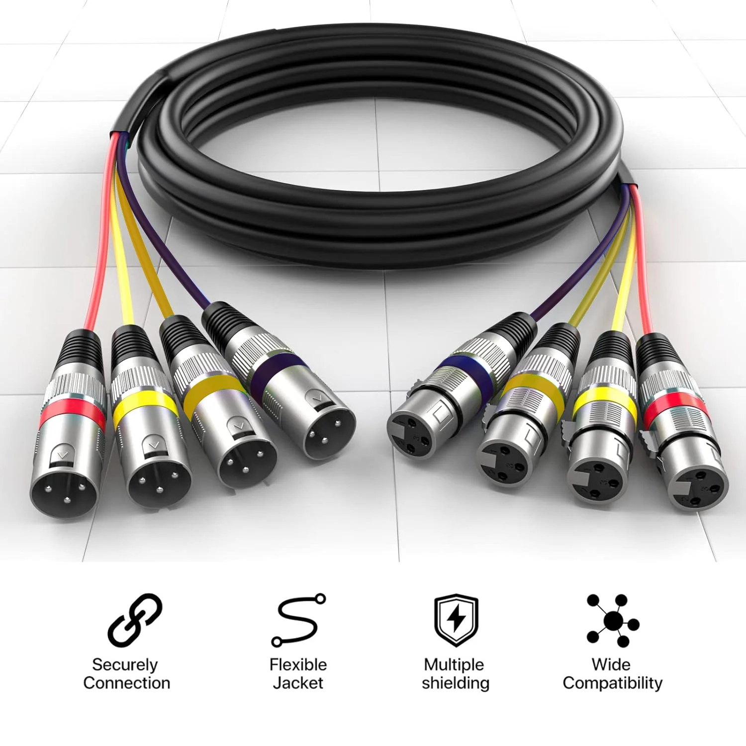 XLR Snake Cables (4 Colored) 4-Channel Microphone Patch Cable XLR Male To Female Snake Cable for Live Recording Studios