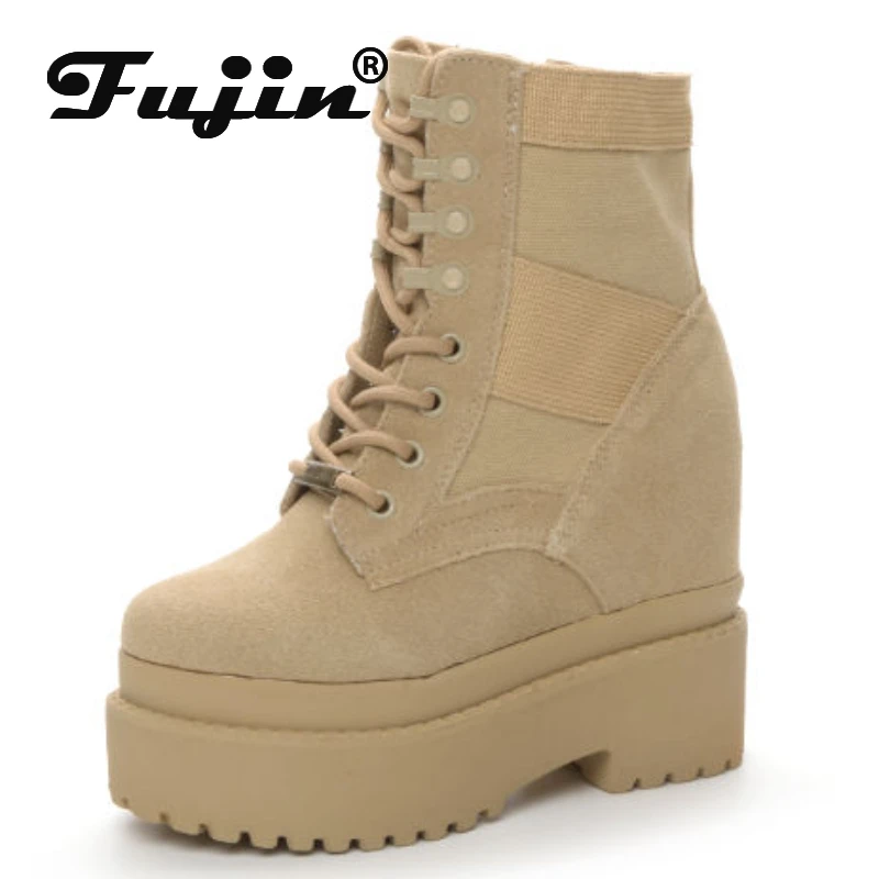 Fujin 12cm New Denim Leather Women Fashion Synthetic Lady Autumn Fashion Zip High Brand Spring Ankle Boots Platform Wedge Shoes