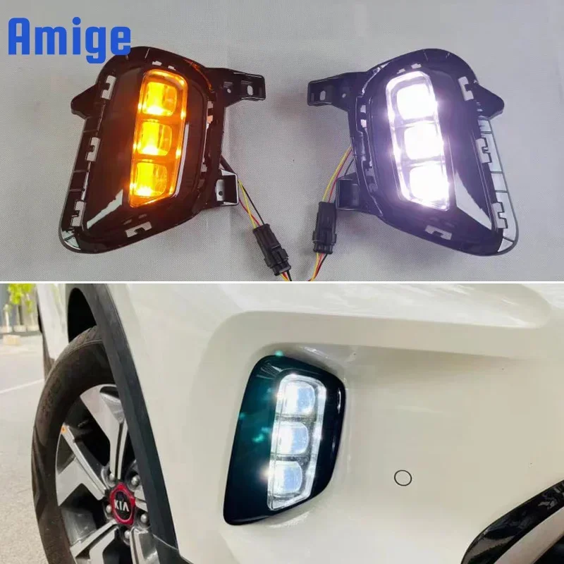 Car LED DRL 12V Daylights For Kia Sonet 2020 2021 Yellow Turn Signal Daytime Running Headlamps Auto Driving Lamp Foglamps