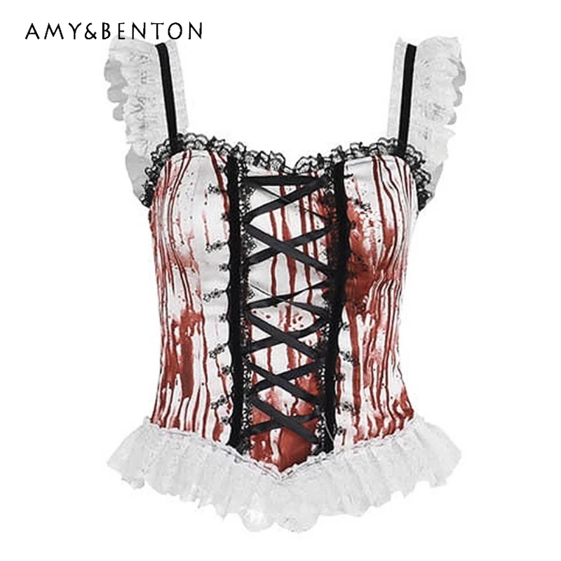 

Vintage Lace Hollow Out Tie Sexy Waist Women's Sling 2025 Summer New Goth Personality Tie-dye Printed Sleeveless Vest Ladies
