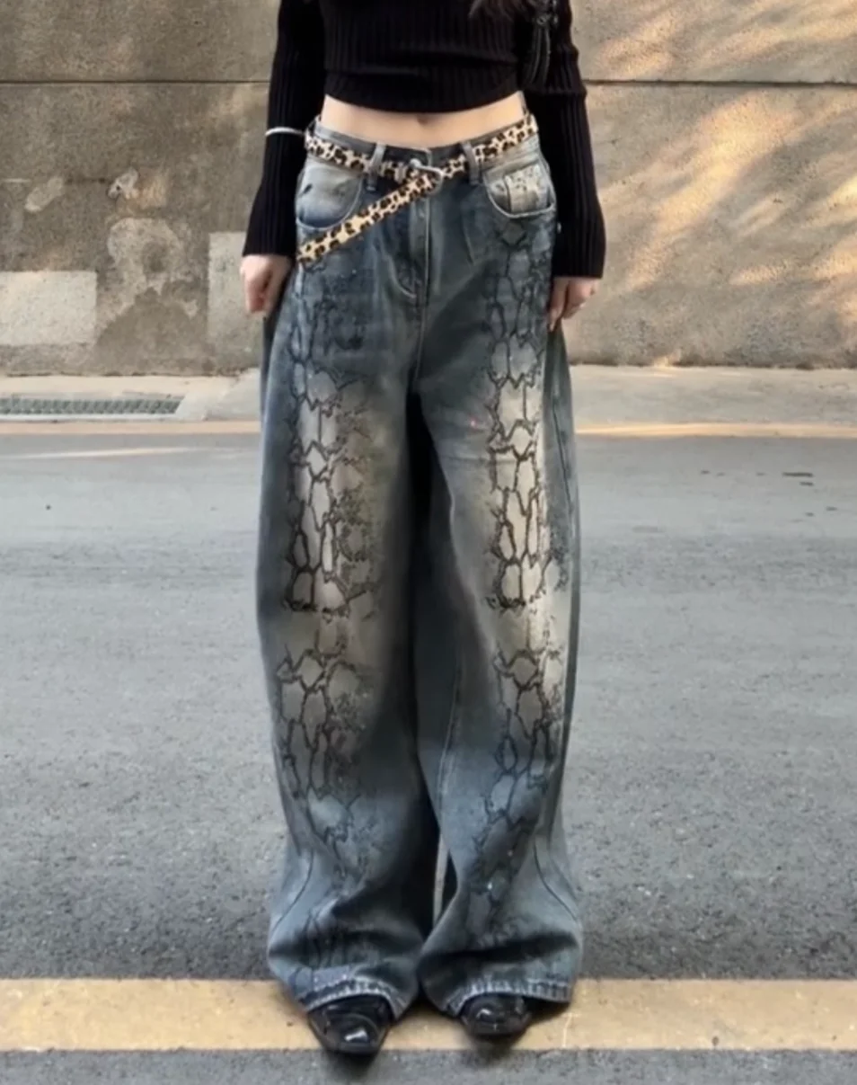 

Y2K High Waist Pants Women Hot Stamping Denim American Retro Heavy Industry Loose Straight Leg Spring Trousers
