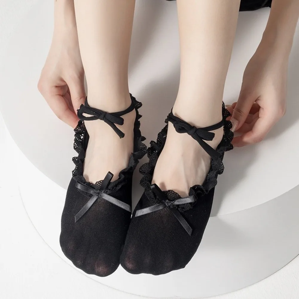 Female Sweet Lace Socks Invisible Low Cut Bow Boat Sock Anti Slip Lace Tie Socks Women