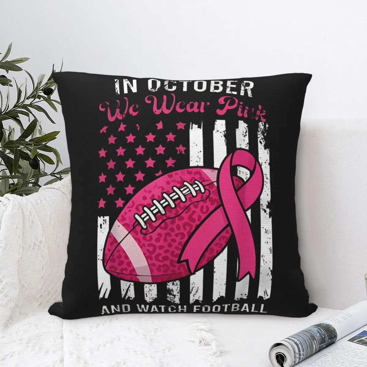 In October We Wear Pink And Watch Football Breast Cancer Pillow Case Cushion Covers Zippered Decorative Pillowcase for Car