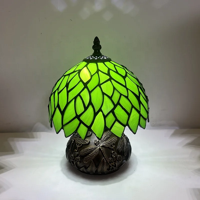 Tiffany Mini Stained Glass Table Lamp Green Wisteria Leaf Style Mushroom Table Lamp Sympathy Memorial Lamp 8 Inch