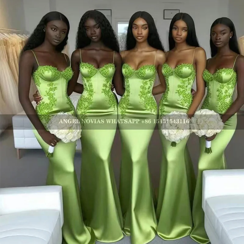 

Green African Long Bridesmaid Dresses with Straps Mermaid Applique Wedding Guest Maid Of Honor Dress vestido longo