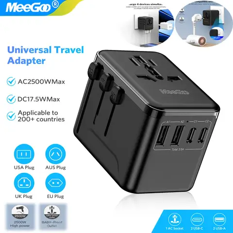 MeeGoo GaN 범용 여행 어댑터 전 세계용 2개의 타입-C 포트 2개의 USB 포트 1개의 AC 2500W 아울렛 고속 충전 소켓 어댑터 EU/US/JP/AU