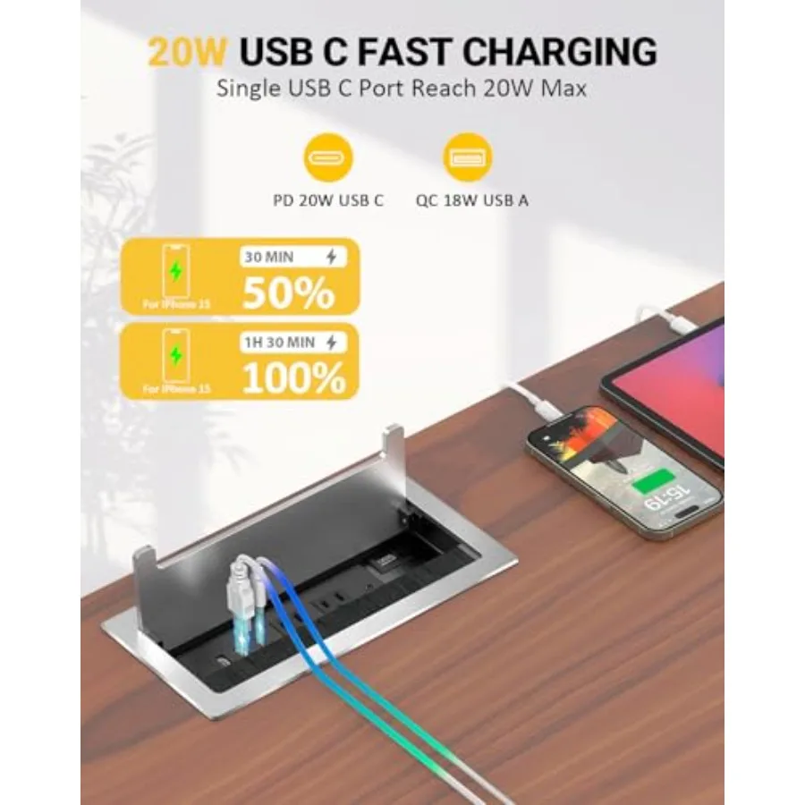 Kungfuking Conference Table Power Hub Outlet Multimedia Connectivity Box with 1 HDMI + 1 RJ45 + 20W USB C + 2 USB A + 2 AC Outl