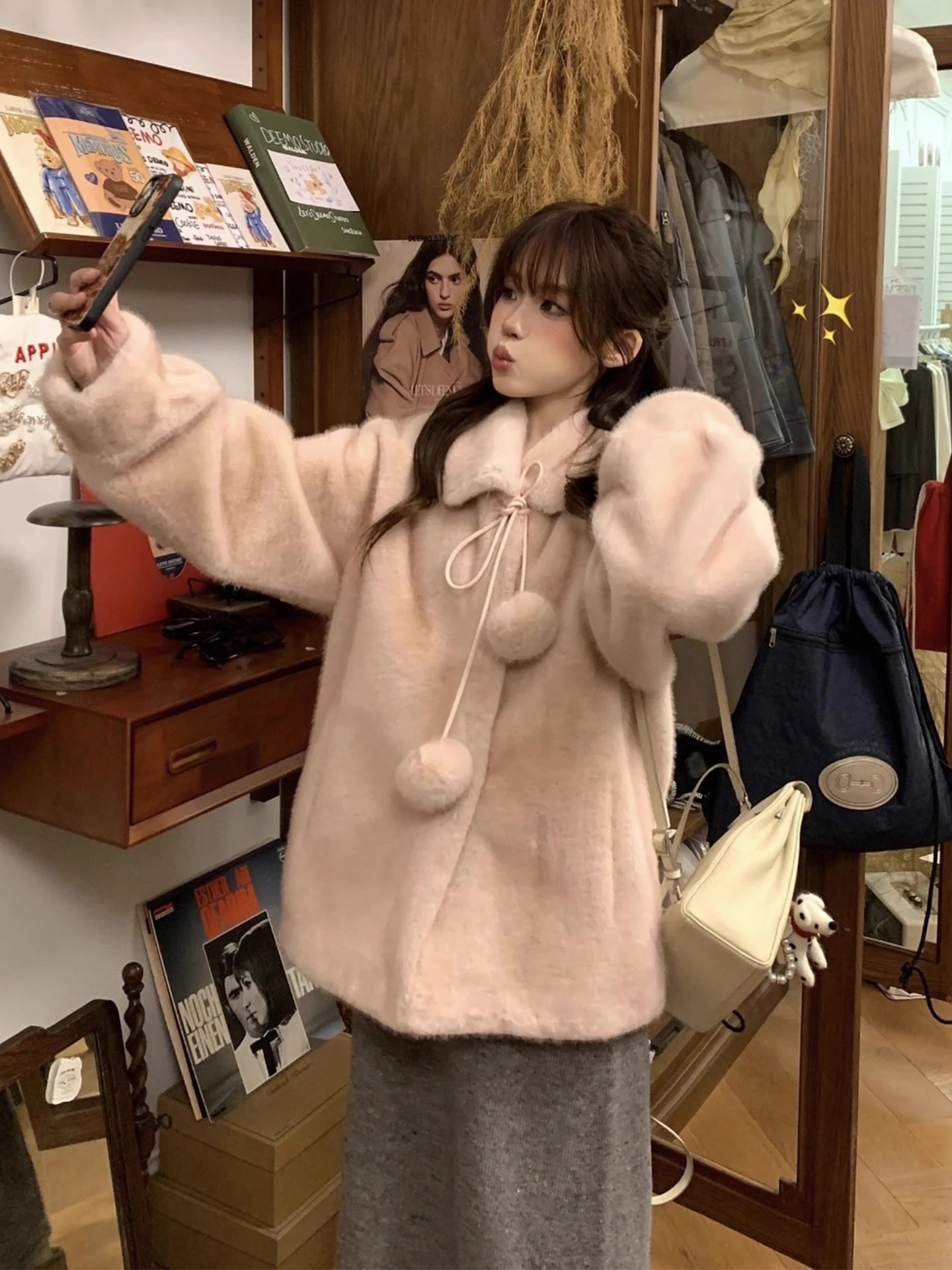 معطف نسائي أنيق من الفرو الوردي من Clothland بأكمام طويلة وسترة سميكة بنمط فضفاض ملابس خارجية معاطف عصرية Mujer CB193