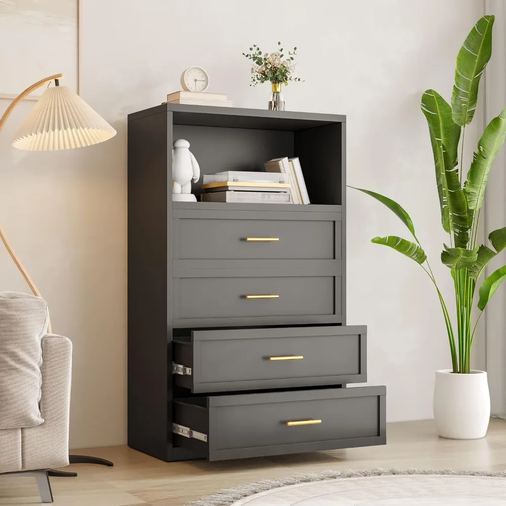 Tall Dresser Drawer for Bedroom, Metal Storage Chest of 4 Drawers and 1 Open Countertop, 52.4