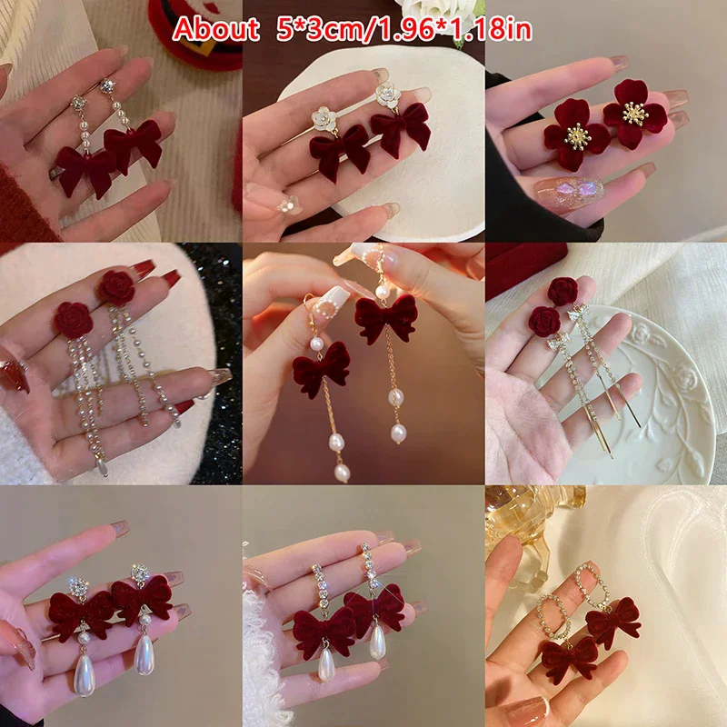 Orecchini con fiocco in tessuto floccato rosso di vendita calda Temperamento Orecchini con frange lunghe con fiori dolci