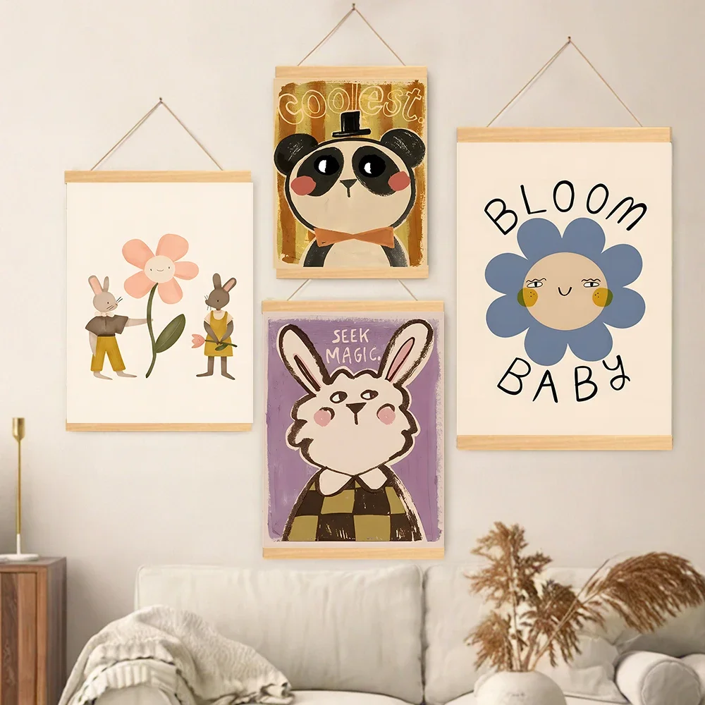 Conejo perro Panda gato leopardo ratón pájaro flor dibujos animados madera colgante rollo pintura impresiones cuadros de pared decoración de la habitación de los bebés y niños