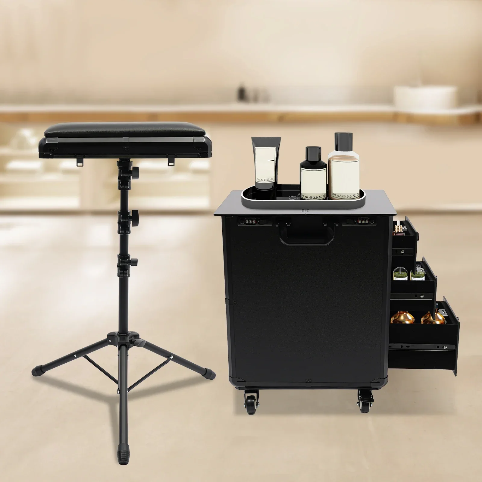 Estojo de armazenamento de maquiagem espaçoso moderno com parte superior de acrílico de 3 gavetas com trava de combinação para organização de cosméticos