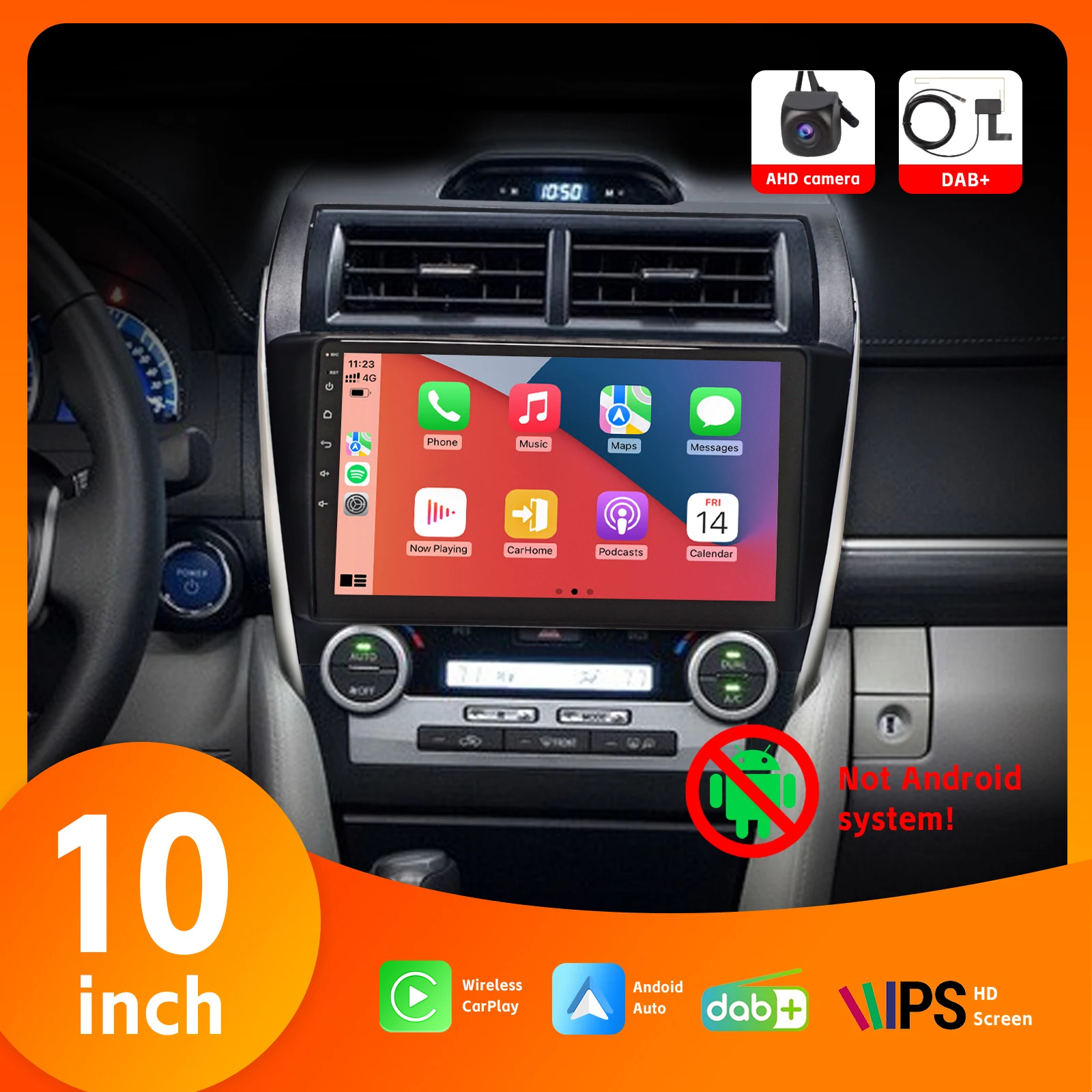 

Car Radio DAB+ with Wireless Carplay Android Auto BT AHD Rear View Camera 10" HD IPS Touch Screen SWCfor Toyota Camry 2012-2014