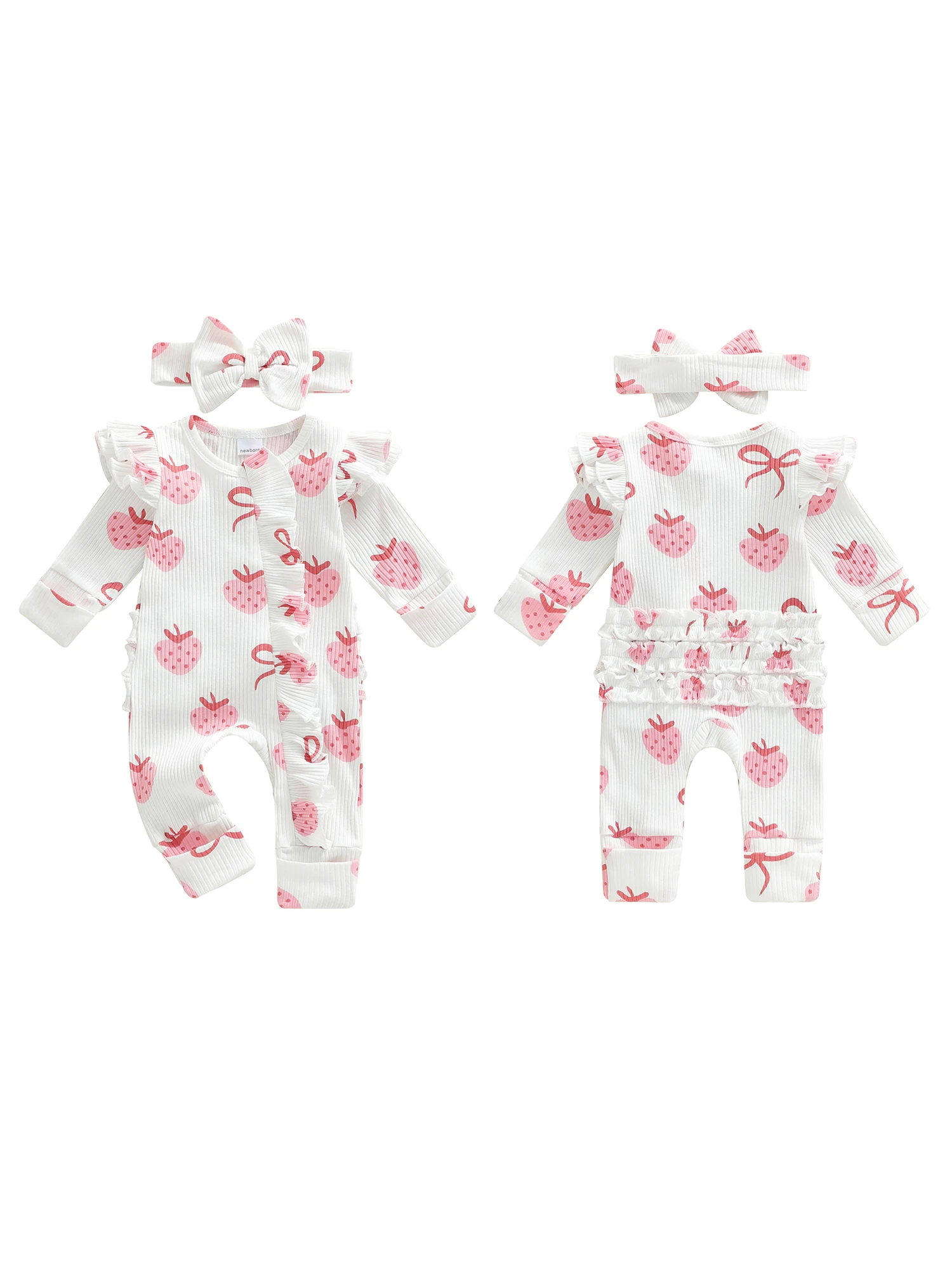

Комбинезон для новорожденных девочек, модный комбинезон с длинными рукавами и принтом клубничного банта и повязкой на голову