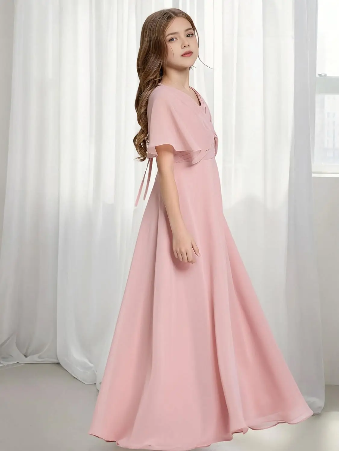A Line Junior Dresses for Teen Girls Formal Dress Empire Batwing Sleeve Boho Chiffon Flower Girl Dress  Flower Girl Dress