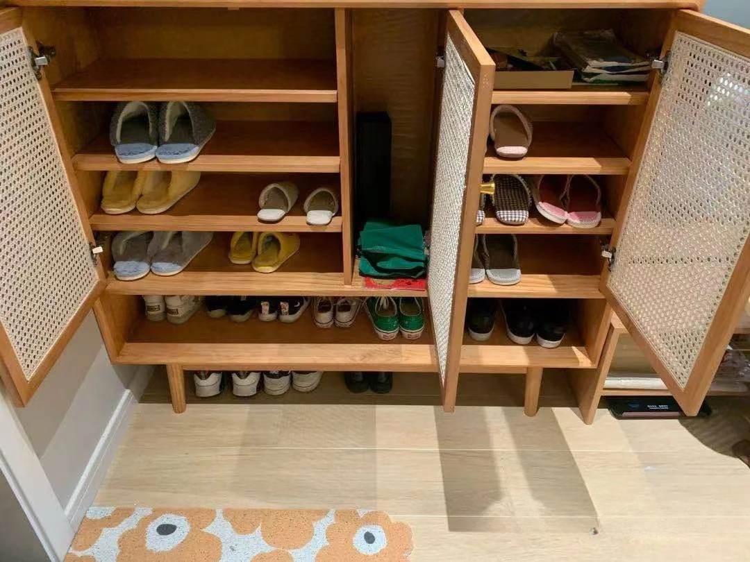 خزانة أحذية من الخشب الصلب الاسكندنافي، فن ياباني بسيط، خزانة بهو من الخيزران، شقة يابانية صغيرة رفيعة للغاية