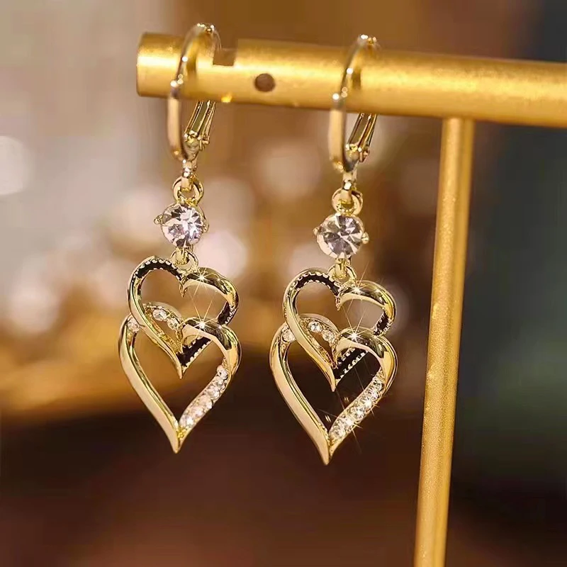 

Double-layer Heart-shaped Pendant Gold Color Earrings for Women New Fashion Elegant Romantic Temperament Girl Party Jewelry Gift