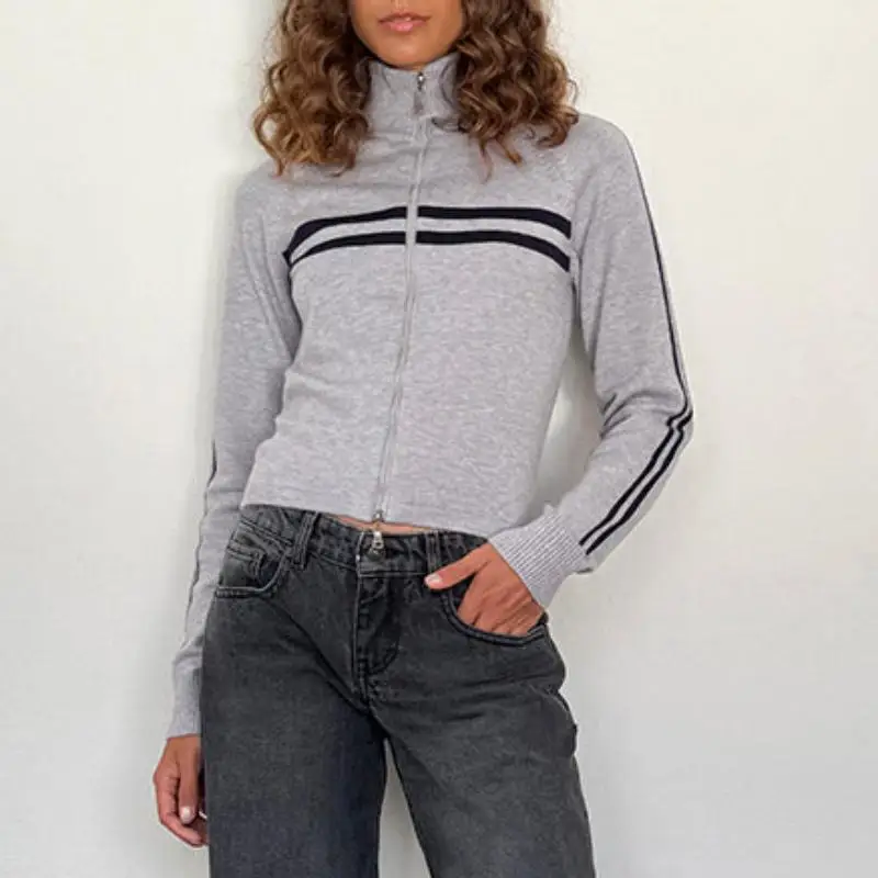 New simple striped color-blocking knitted cardigan, double-zipper fitted sweatshirt, short semi-high-neck sweater