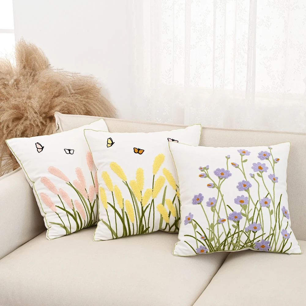 BUYNOW 1PC Reed Floret Embroidered Pillowcase Retro Idyllic Fresh Living Room Sofa Cushion Cover Home Bedroom Decor Cojines Para