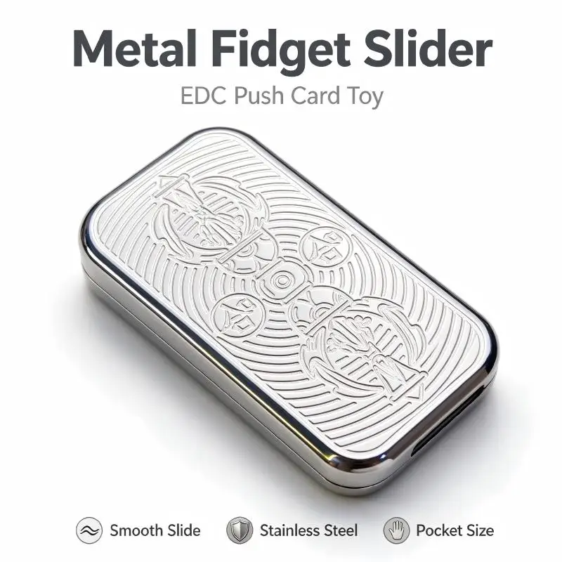 Metal Fidget Slider Stainless Steel Push Card Toy Engraved Texture Smooth Slide EDC Stress Relief Hand Toy Gift for Adults