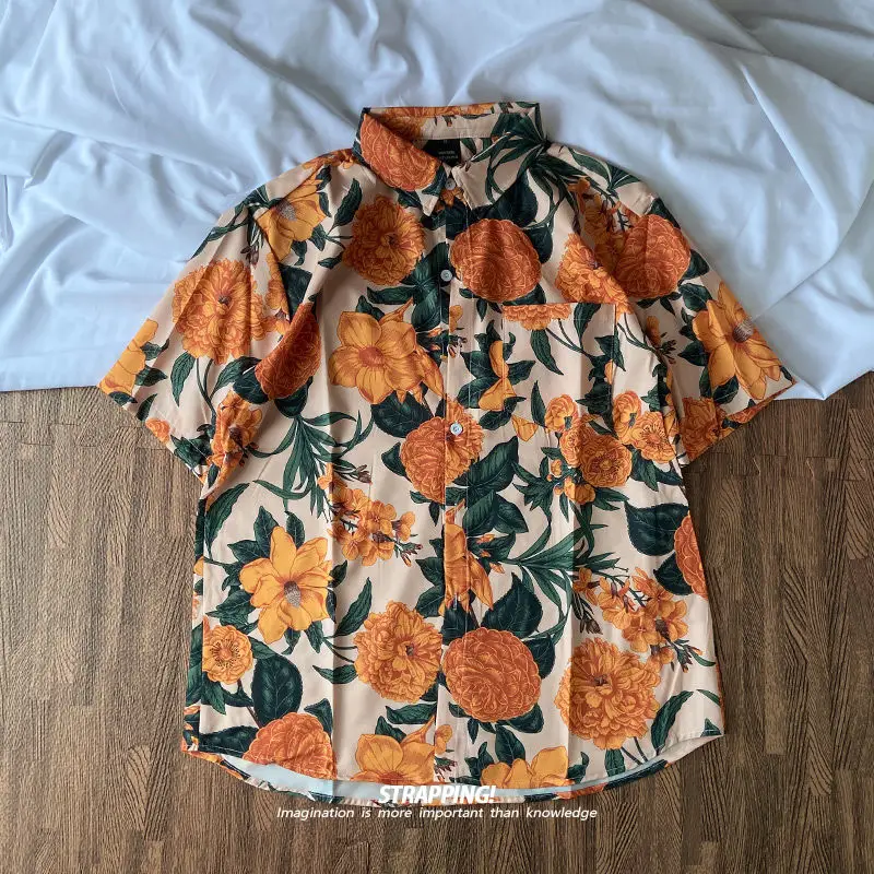 Camisas florais de manga curta laranja e damasco para homens e mulheres, havaianas, japonesas retrô estilo Hong Kong, novas