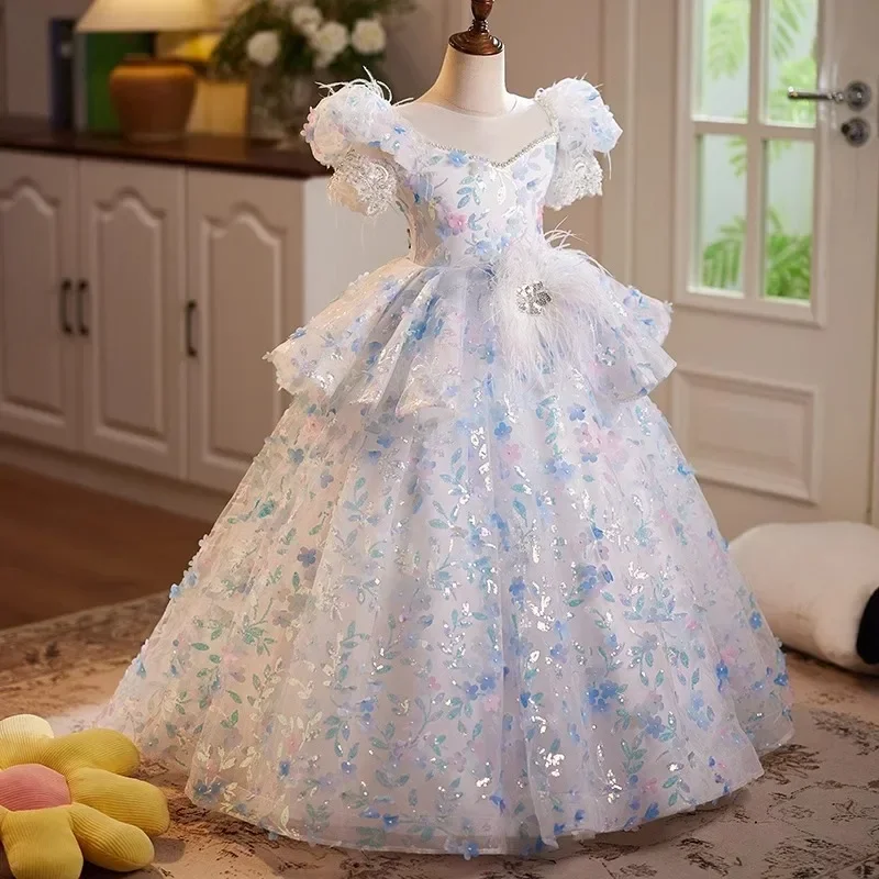 

2025 Girls Birthday Princess Dress Sequin Flower Childrens Piano Performance Gown Matching Outfit Kids Formal Event Model Show