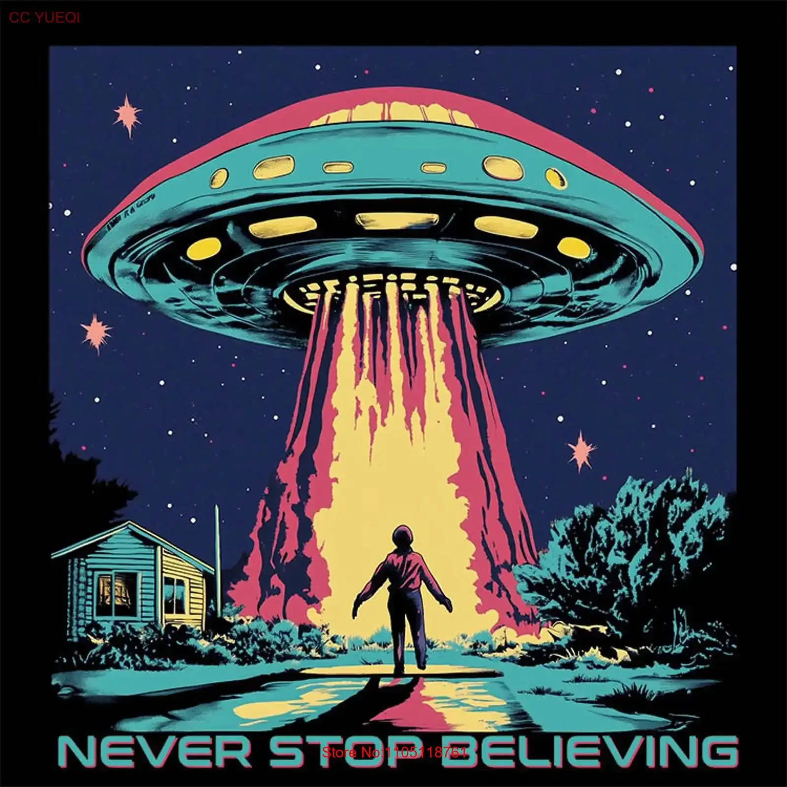 UFO Never Stop Believing Alien Men's Cotton T Shirt vintage Washed Stretched Breathable designer clothes Top For Everyday Wear