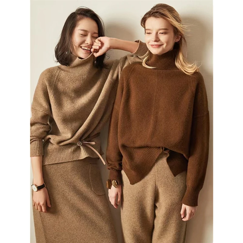 Autumn and Winter High Collar 100% Pure Cashmere Sweater Women\'s Thickened Solid Sweater Loose Lazy Versatile Knitted Underlay