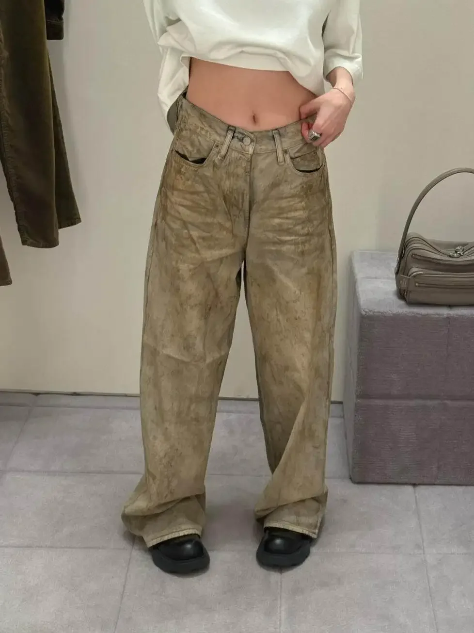 AC Heavy Industries Wasteland Wind Khaki Dirty Dyed Old Baggy Loose Wide Leg Jeans 1981m