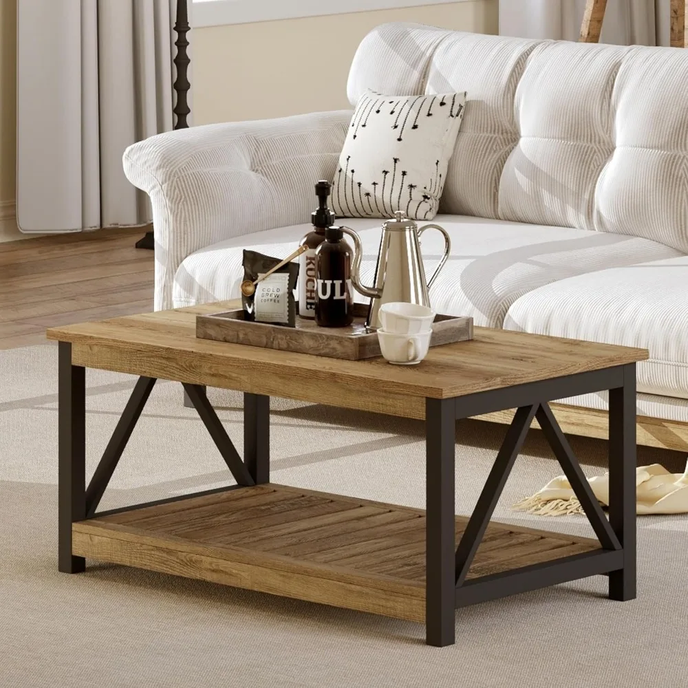 Rustic Oak and Black 40-Inch Rectangular Coffee Table with 2-Tier Storage for Living Room by ChooChoo Farmhouse