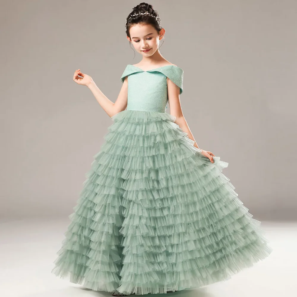 

Tulle Flower Girl Dresses Tiered Girls Princess Gown For Birthday Party Sleeveless Junior Bridesmaid Dress Floor-Length