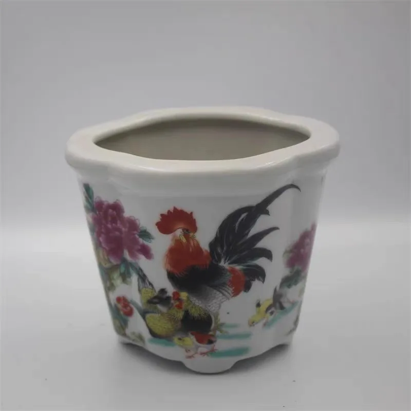 Chinese Famille Rose Porcelain Rooster & Begonia Design Flowerpot Pot