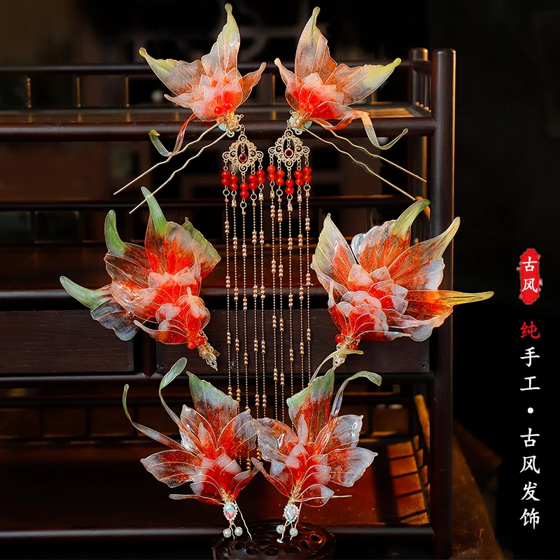 Hanfu koi hairpin flower liquid long tassel gradual change hair accessories combination set elf good luck daily antique accessor