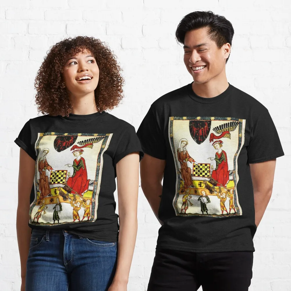 MEDIEVAL CHESS PLAYERS IN COURT WITH RED WILD ROSES Classic T-Shirt Anime Graphic T-shirts New Arrivals Unisex Summer