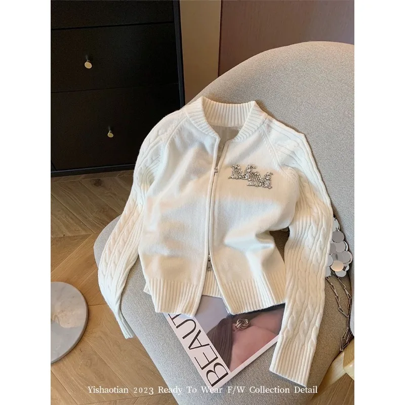 

Кремово-белые буквы со стразами на молнии, вязаная куртка, женская мода, повседневный универсальный свитер, кардиган, топ