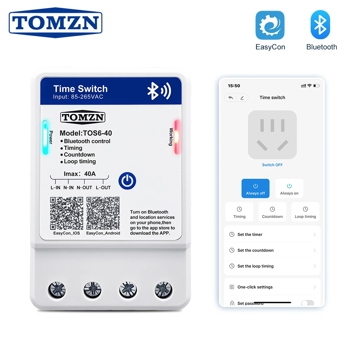 TOMZN 40A Bluetooth Smart Timer Switch AC85-265V 35mm DIN Rail Wall-Mount App Control Countdown Loop Timing Power Relay Switch