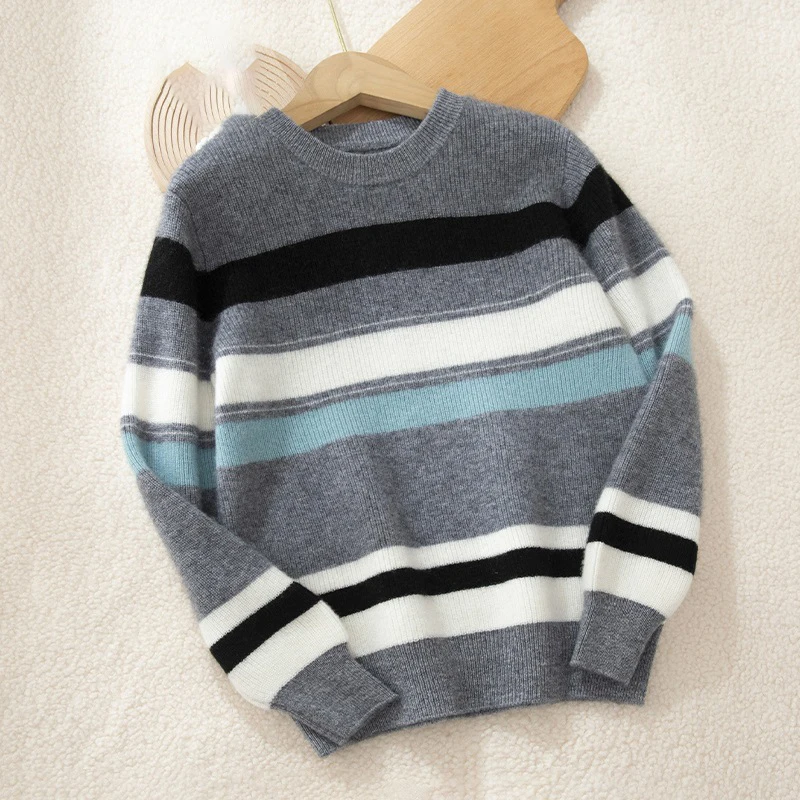 

Children's wool sweater pullover knitted round neck for boys girls blue gray striped autumn and winter Fashionable wool sweater