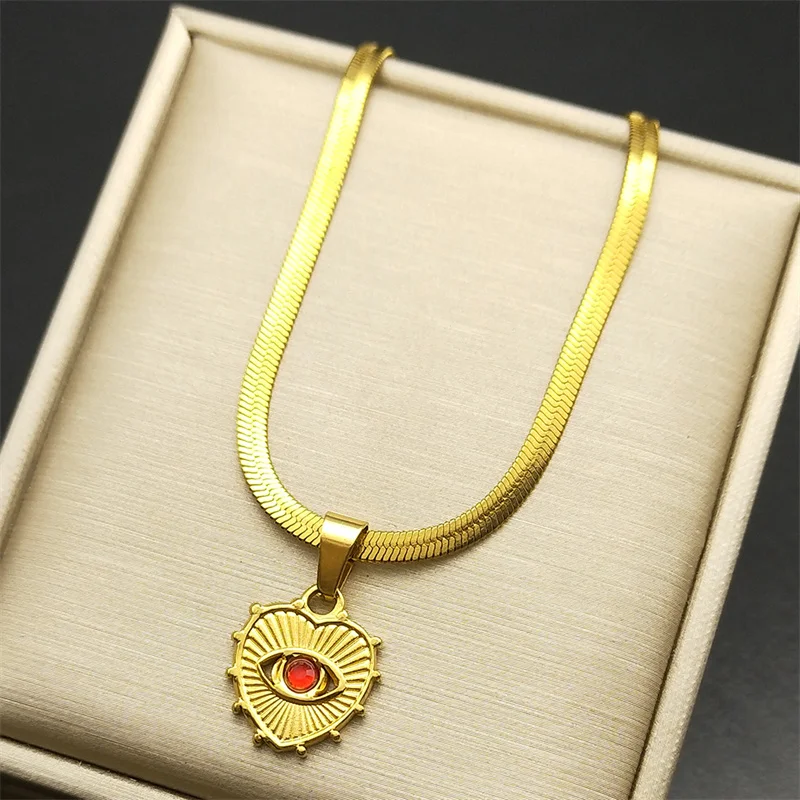 

Vintage red stone Devil Eye Heart Pendant Necklace for Women Men Stainless Steel Gold Color Charms Jewelry Part Gift ZZZ441-6