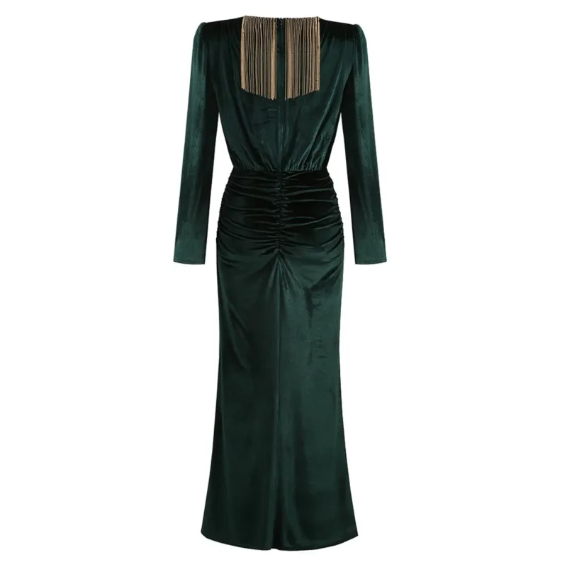 Robe de Soirée Plissée à Manches sulf, Vêtement Vert Foncé, Taille Haute, avec Hanches