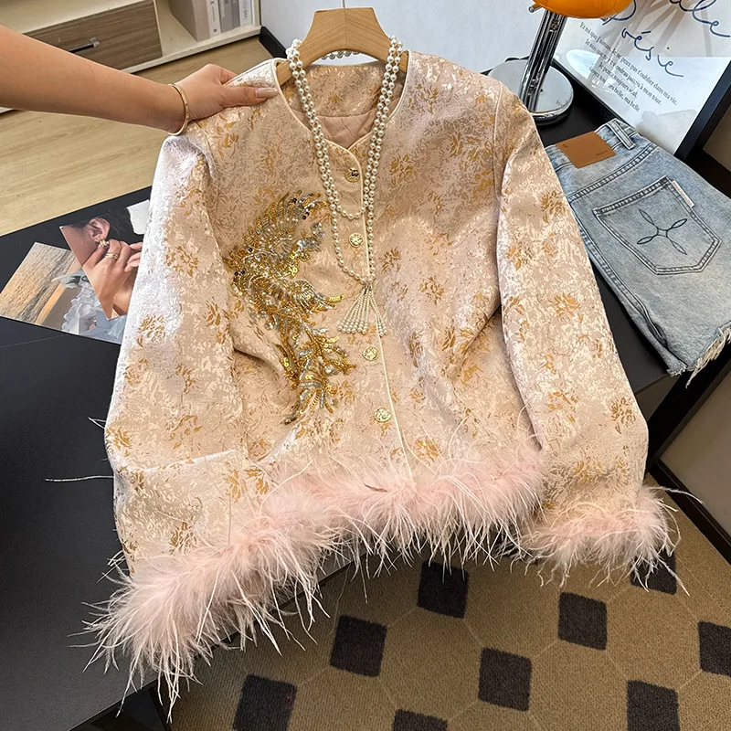 New Hanfu Costume Women Pink Tang Clothes Embroider Flower Jacket New Chinese Style Qipao Coat Luxury Feather Hem Outwear