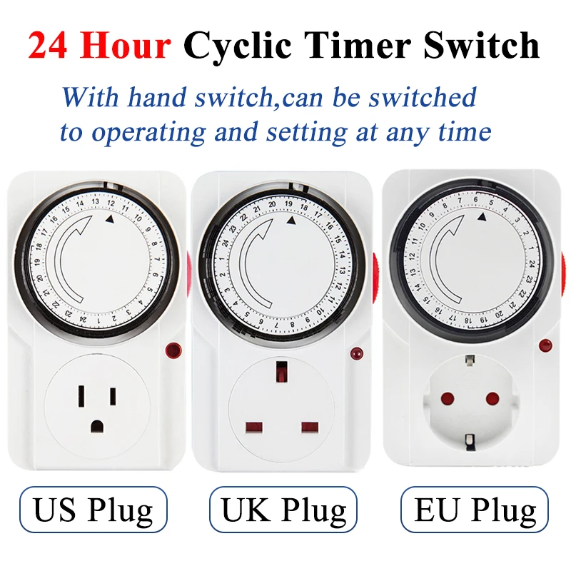 24 Hour Cyclic Timer Switch Universal Timing Socket Mechanical Timer EU/US/UK Plug-in Mechanical Timer for Lights and Appliances