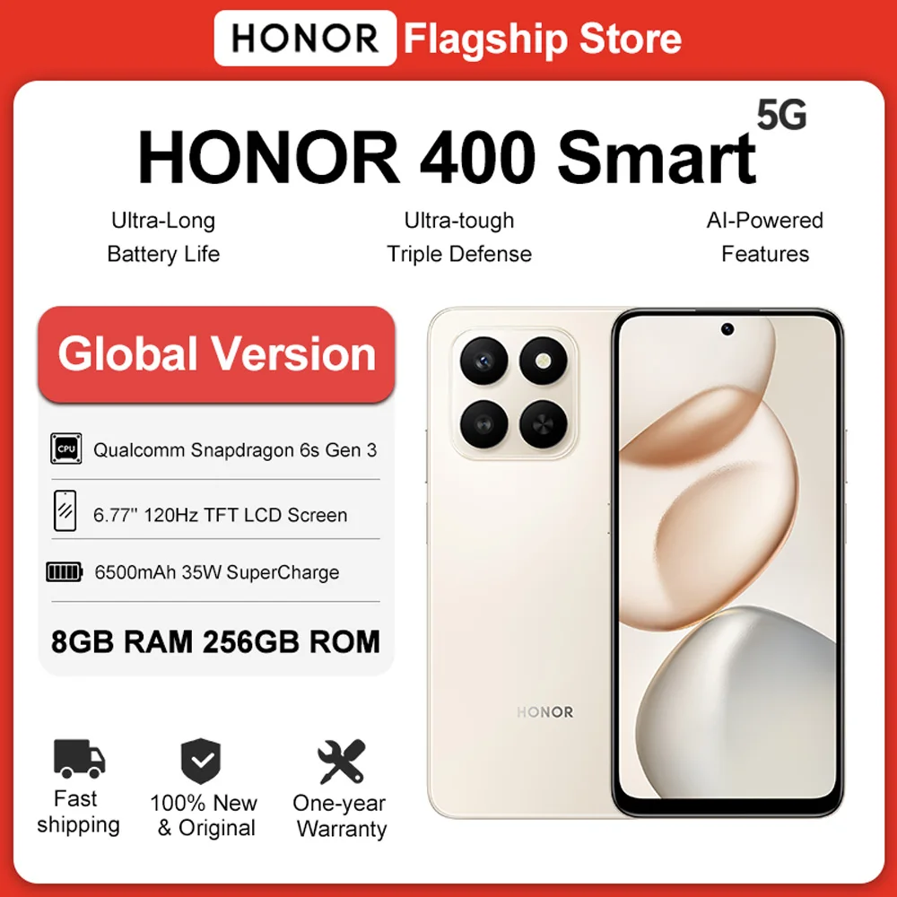 

Global Version HONOR 400 Smart 5G Smartphone 6.77''120Hz Screen Snapdragon 6s Gen 3 6500mAh Battery 35W HONOR SuperCharge IP65