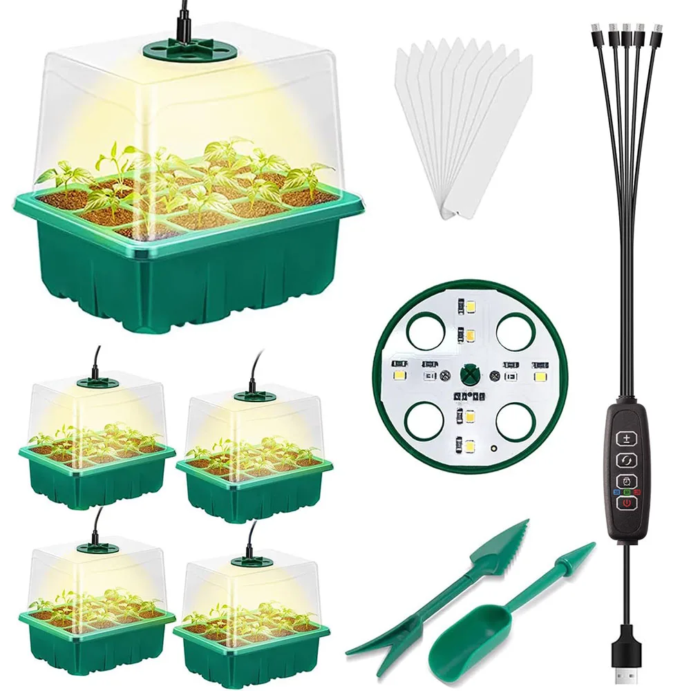 Seedling Trays Seed Starter with Grow Light Full Spectrum 12 Holes Per Tray Nursery Phyto Lamp for Home Plant Growing Propagator