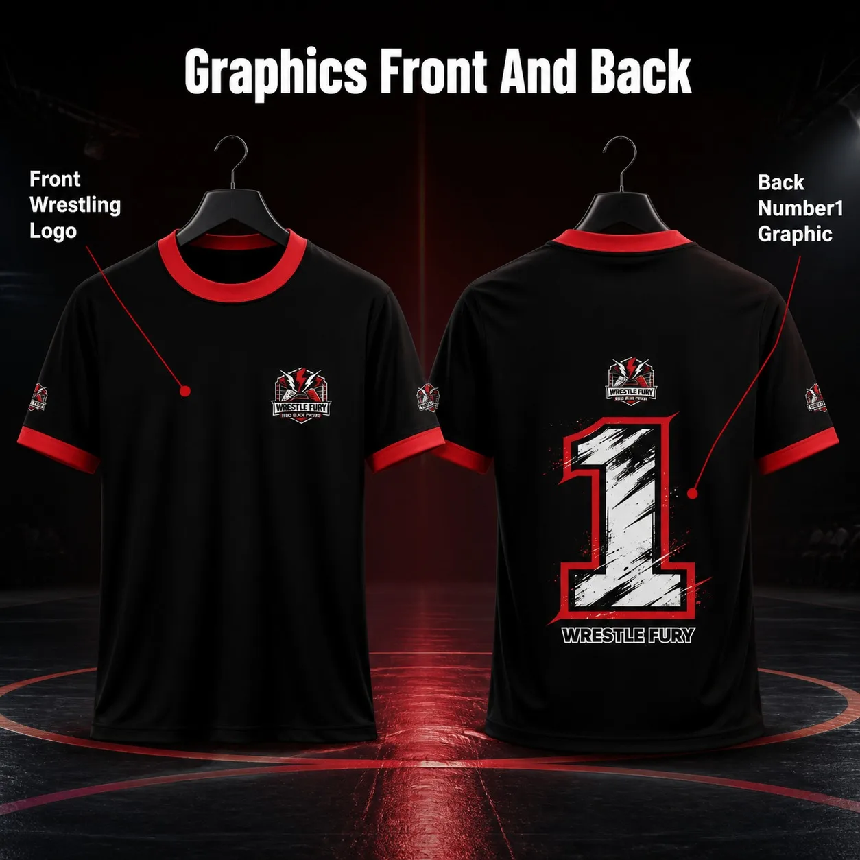 Men's Wrestling Sportswear Red Ring Neck Round Neck Quick Drying Breathable No.1 Double Printed Sports T-shirt