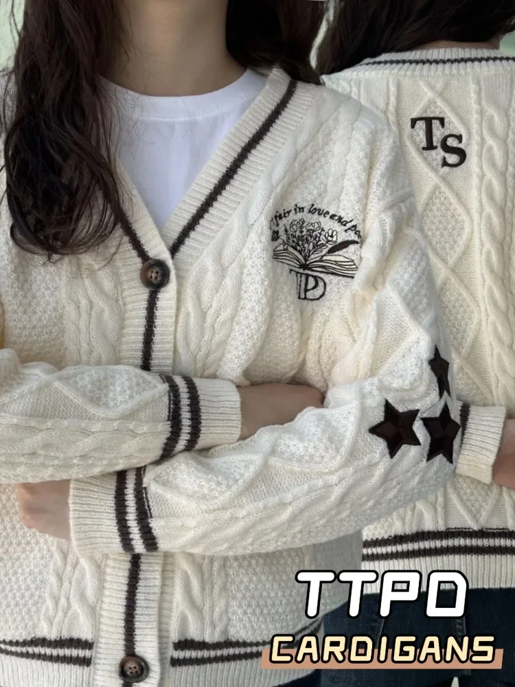 

Oversized Vintage Star Embroidery Long Sleeve Single Breasted Women Cardigans Autumn Beige Folk Knitted ttpd Cardigan Women