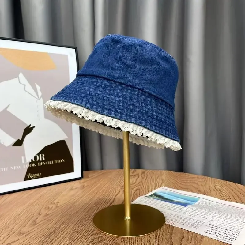 

Cute Preppy Style Bucket Hat Lace Trim Denim Wide Brim Sun Protection Cap for Women Spring Summer Daily Wear