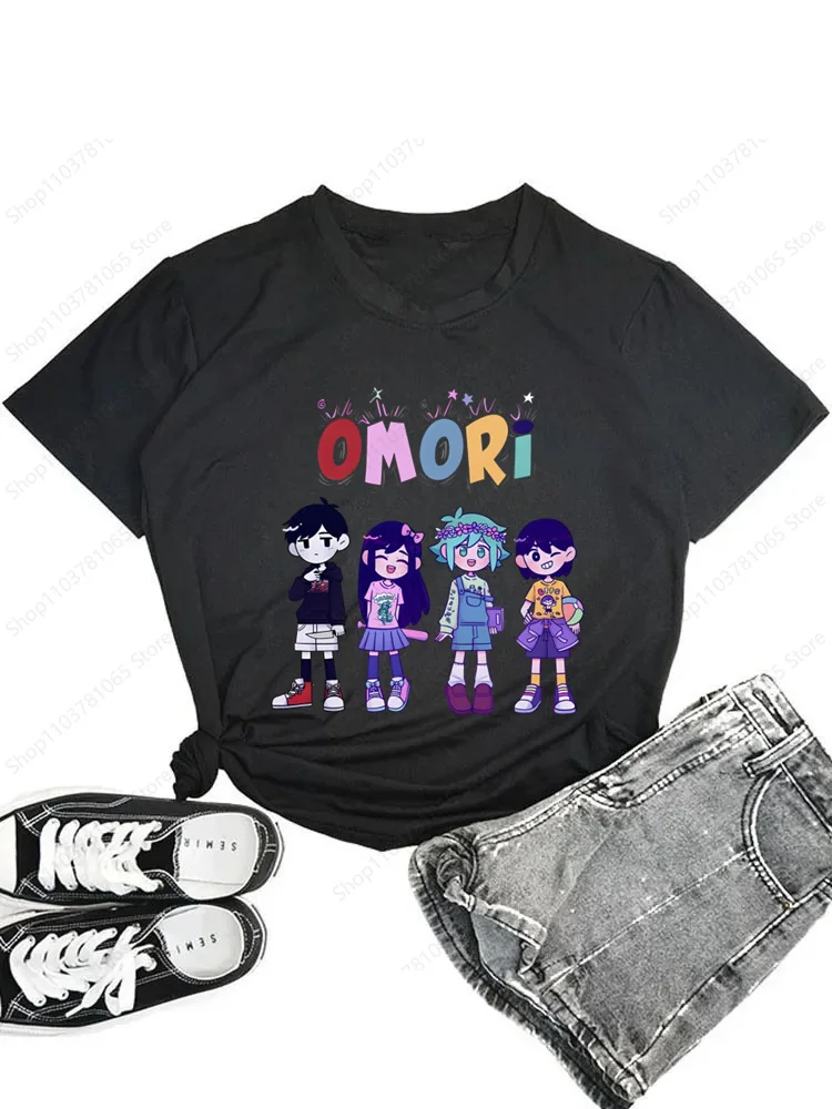 Omori Game Cartoon Manga Kawaii T-shirt for Women Short Sleeve Casual Ladies Tops Cartoon T Shirt for Male Printed Black T Shirt